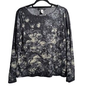 Y2K‎ Black Floral Sequin Top Long Sleeve Fairy Grunge Whimsigoth Boho Womens XL